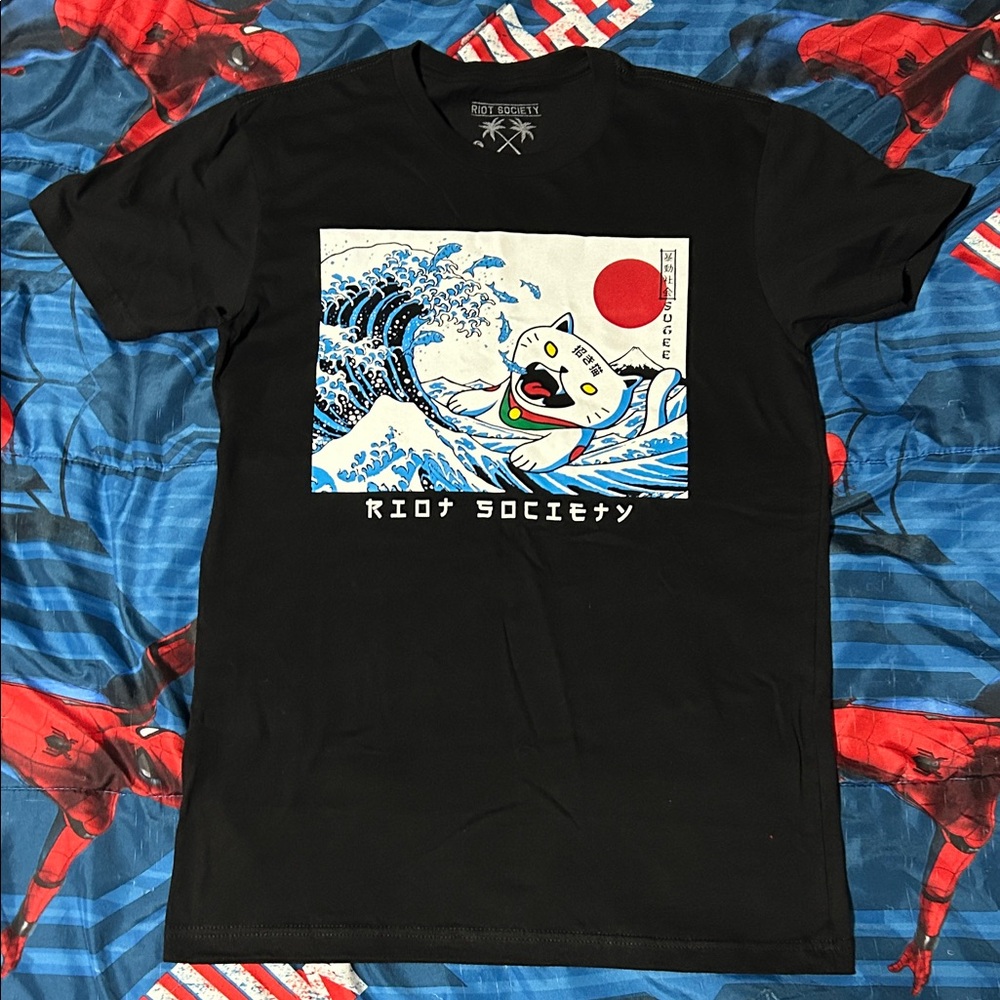 RIOT SOCIETY Cat Eating Fish Tidal Wave Graphic Tee Shirt